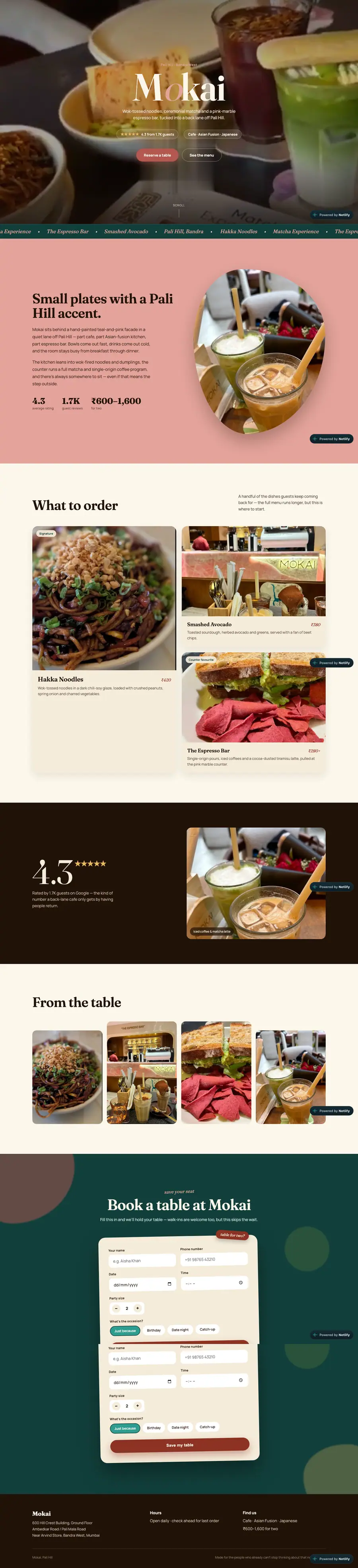 Full-page preview of the Mokai restaurant website